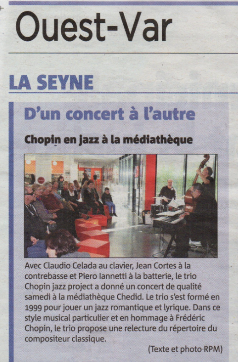 Piero iannetti, article de concert en médiathèques avec Frédéric Chopin jazz project, Médiathèque Andrée Chedid à la Seyne sur mer.