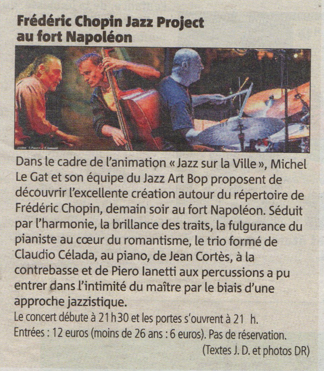 Piero iannetti, photo d'article de concert en club de jazz, avec Frédéric Chopin jazz project, au fort Napoléon, la Seyne sur mer